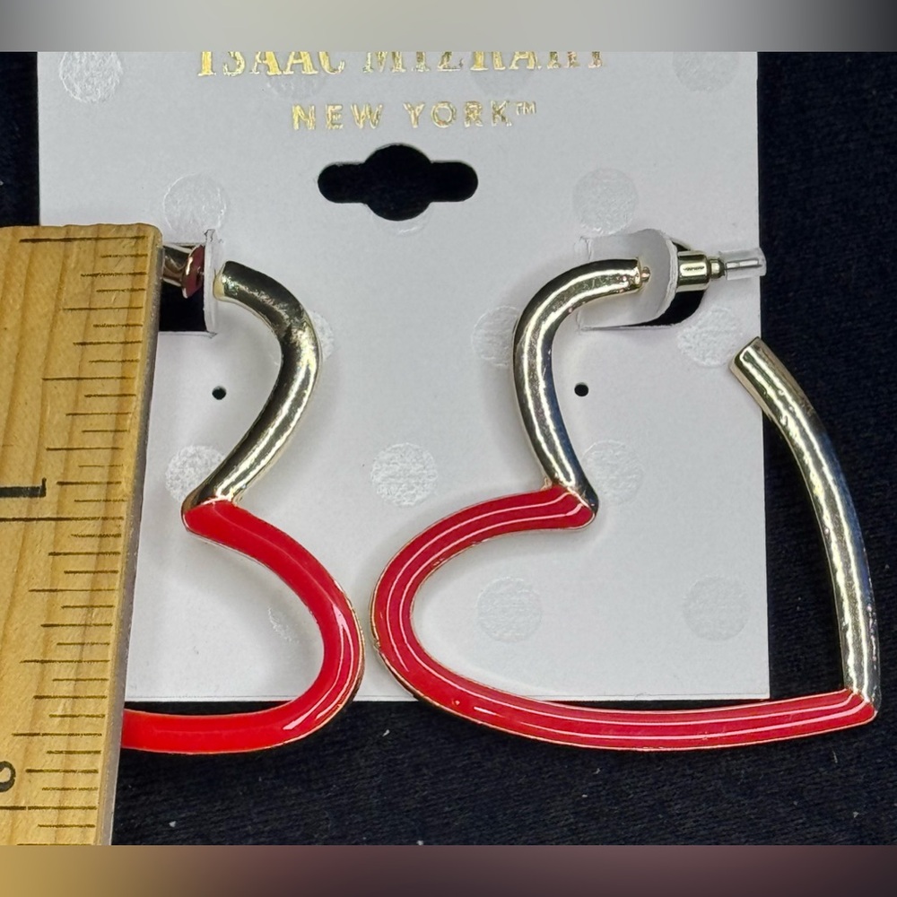 Isaac Mizrahi Red and Gold Tone Heart Hoop Earrings 1.75 in approx - Picture 3 of 4